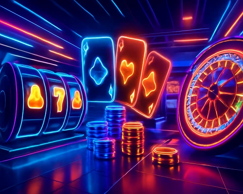 Vibrant casino lobby with slot machines and game icons