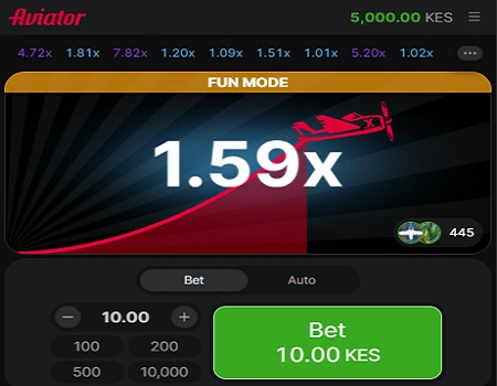 Aviator game interface on Shabiki Kenya showing multiplier graph and cashout controls
